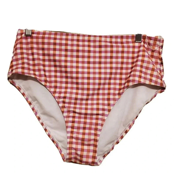 Kona sol Bikini Bottom Womens Orange Pink Large Plaid Swim High Waisted New - Picture 1 of 2